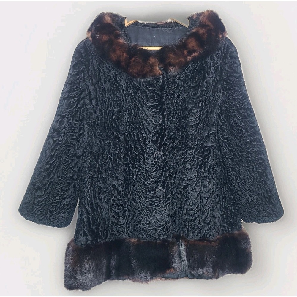 Vtg 1950s/60s Curly Persian Real Fur Lamb Mink Collar And‎ Hem Swing Coat Black